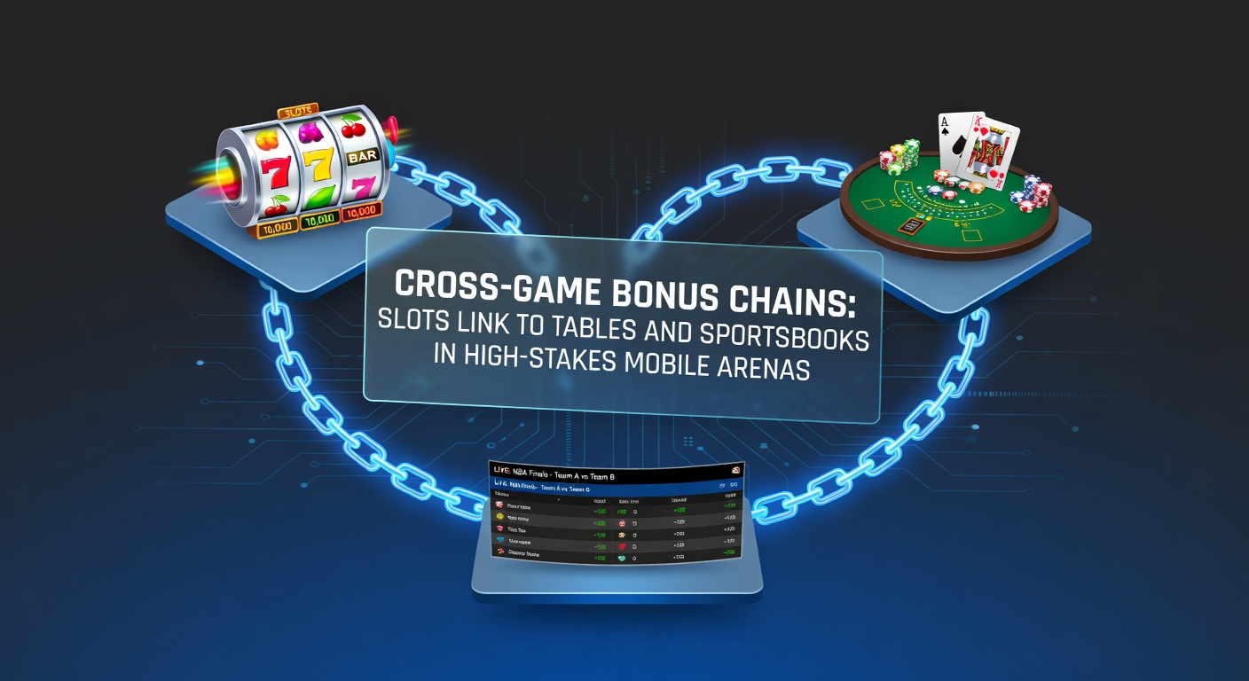 Mobile casino interface showing a slot win chaining into a table game bonus and sportsbook bet, with high-stakes elements highlighted