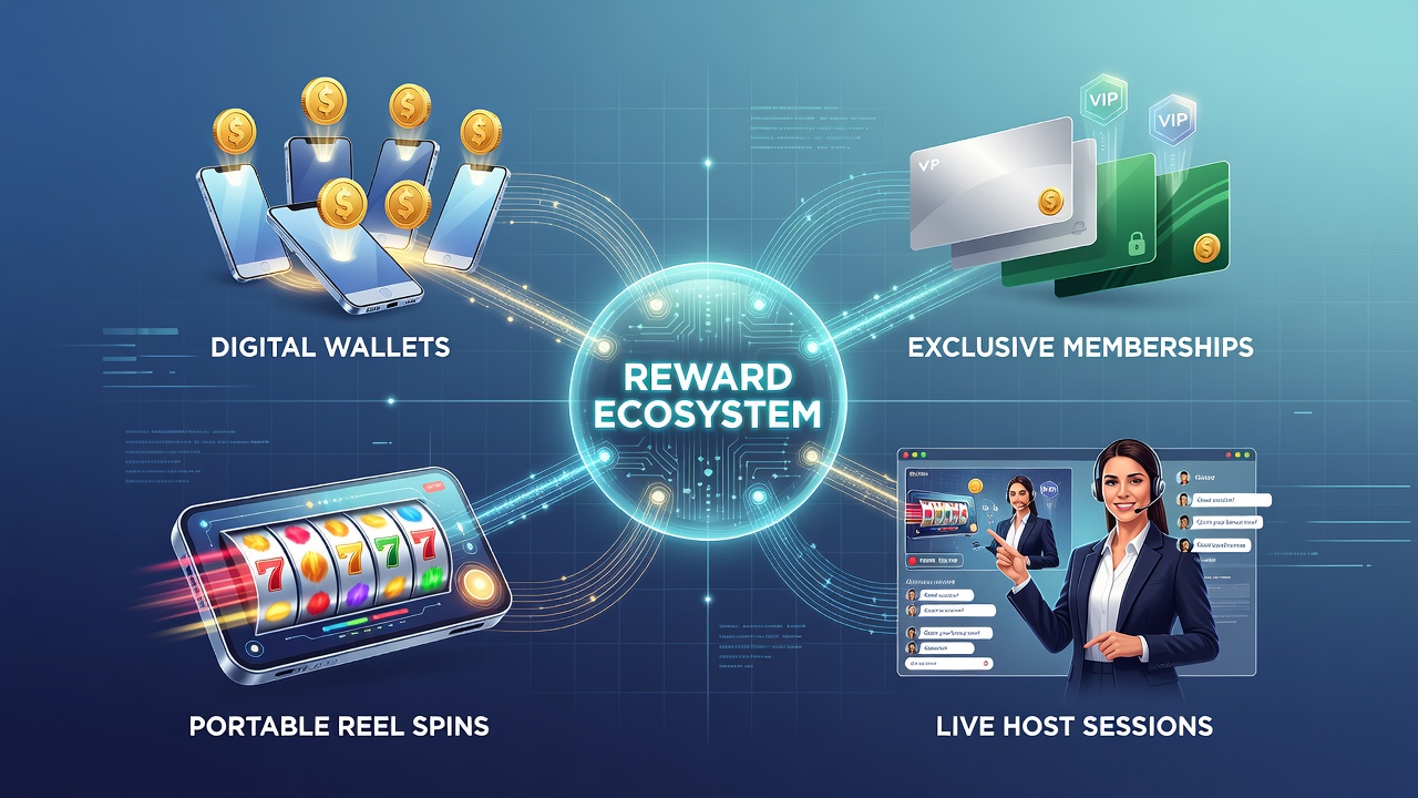 Digital wallet interface displaying reward points and membership tiers for mobile casino games including reel spins and live dealer sessions