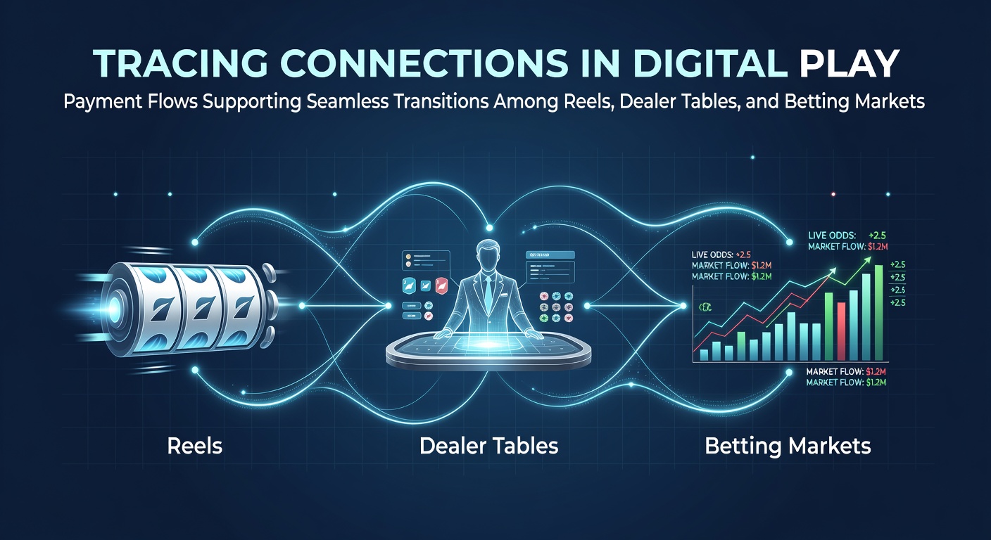 Digital interface showing interconnected payment flows between slot reels, live dealer tables, and sports betting markets on a mobile device