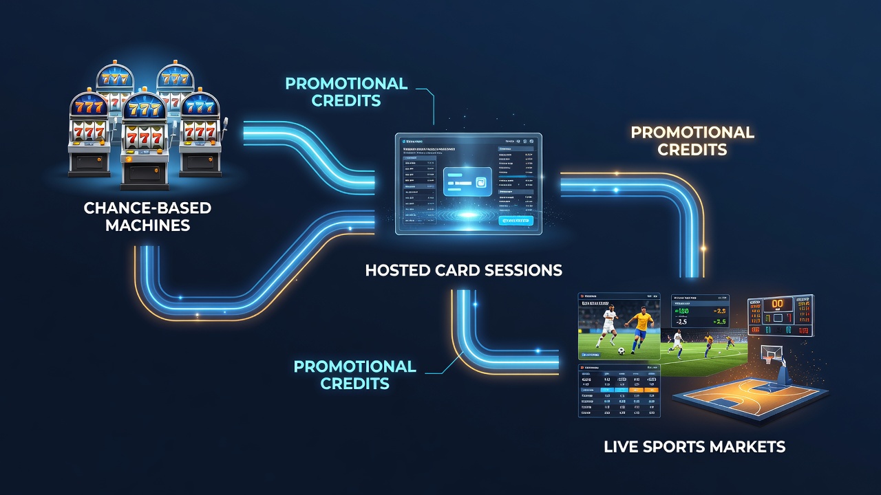 Diagram showing promotional credit flows across slot machines, live dealer tables, and sports betting interfaces in a unified gaming platform