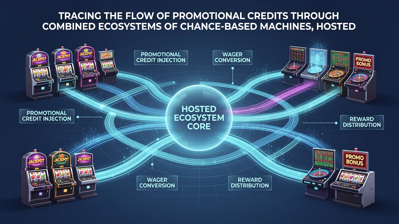 Flowchart illustrating credit movement from slots to live tables then into sports betting markets within a single player profile