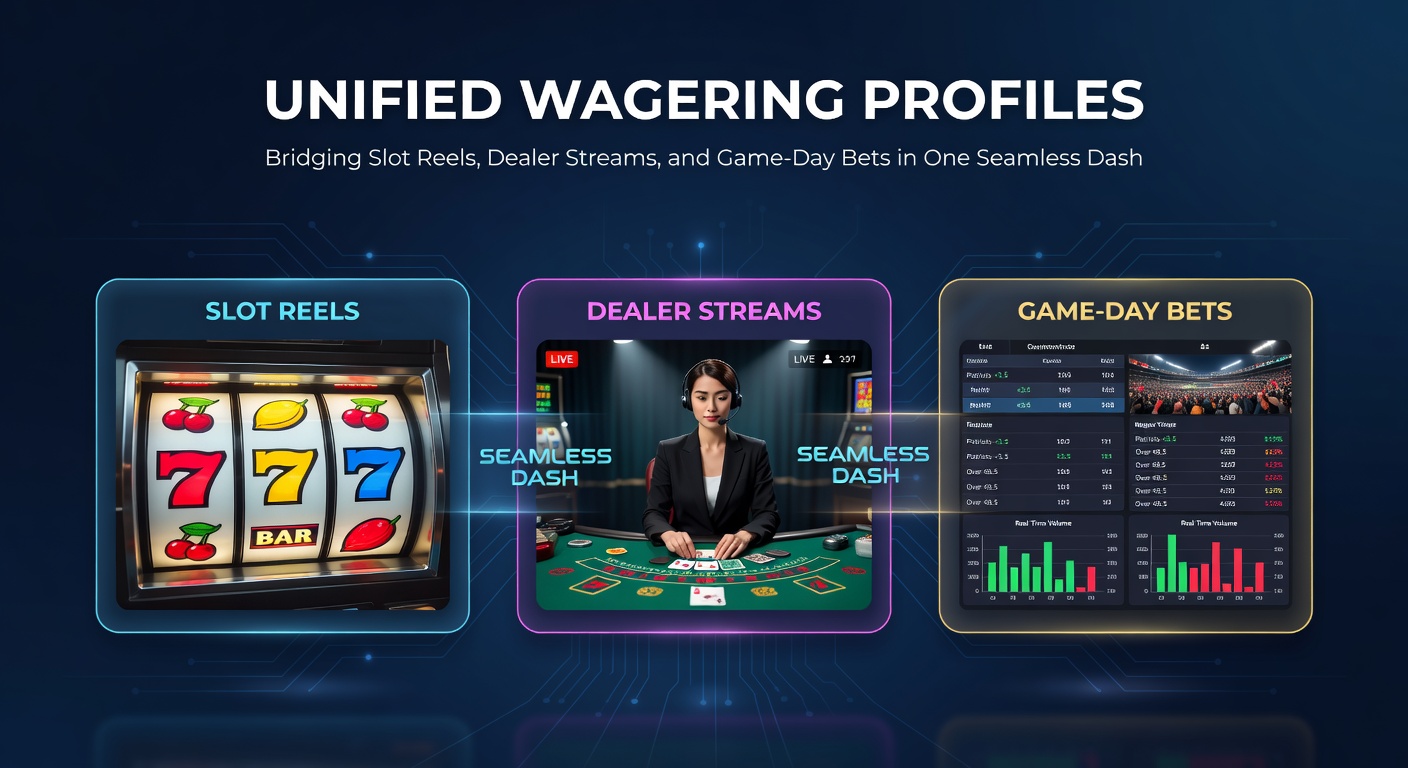 A sleek mobile dashboard displaying integrated slots, live dealer blackjack, and an NFL game bet side-by-side, showcasing seamless navigation across wagering options