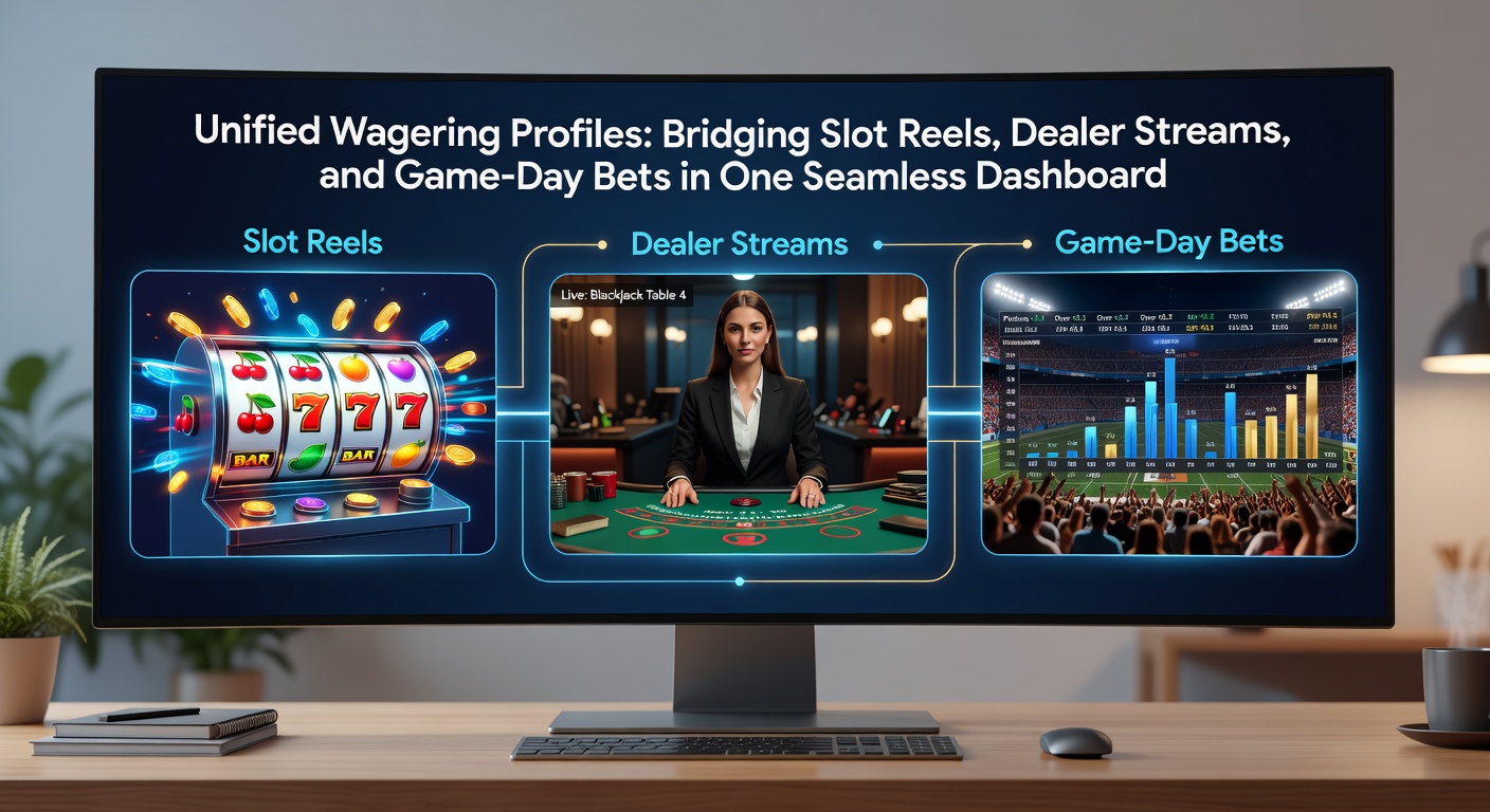 Close-up of a unified profile interface on a tablet, with slot reels spinning next to a live baccarat dealer and tennis match odds updating in real-time